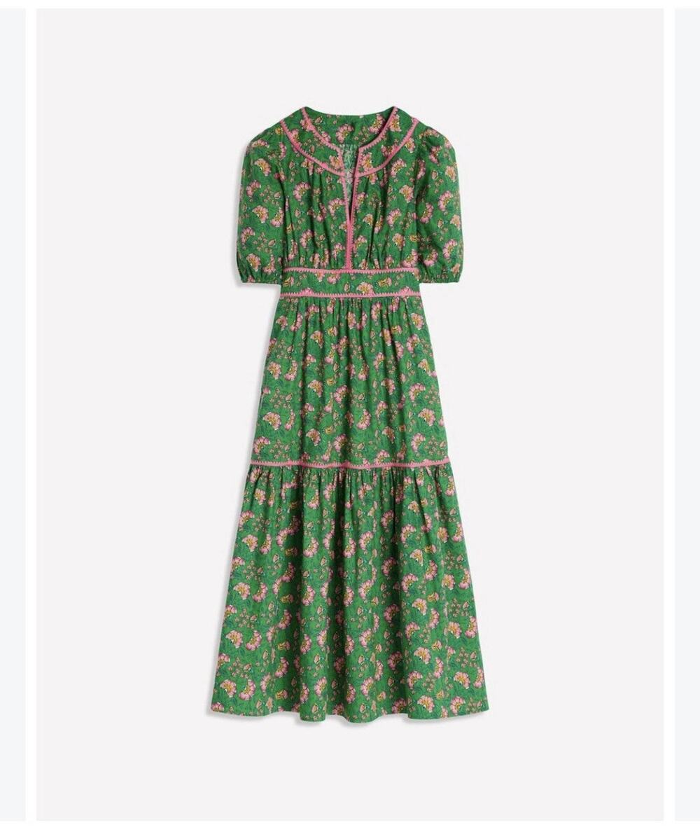 Boden Rhea Green Floral Embroidered Midi Dress Pink Trim US 8R UK 12R